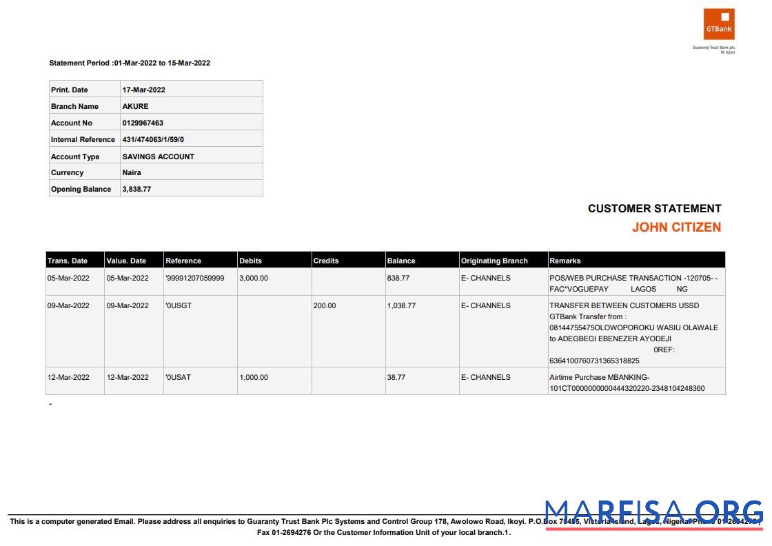 Downloadable Nigeria Guaranty Trust Bank (GTBank) savings account statement word download for verification